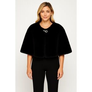 Black Faux Fur Capelet Bolero‎ Jacket Embellished Clasp Evening Wrap